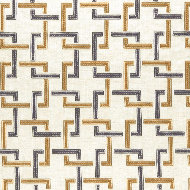 Ivory woven fabric with charcoal and cinnamon interlocking right-angle bands
