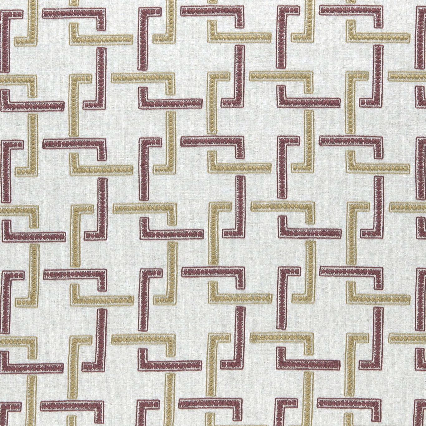 Ivory woven fabric with muted orchid and willow interlocking angular motifs
