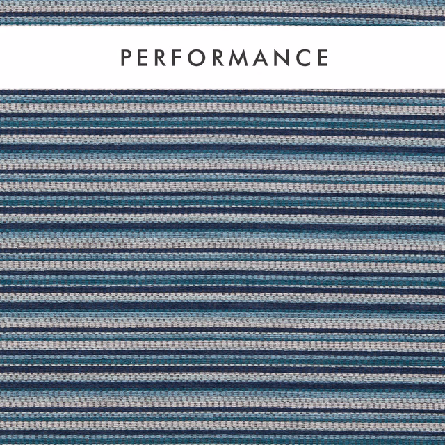 Midnight blue textile with fine teal, cream and pale grey horizontal woven stripes