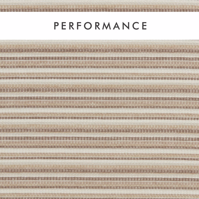 Warm beige woven fabric with fine taupe-brown horizontal stripes and close texture