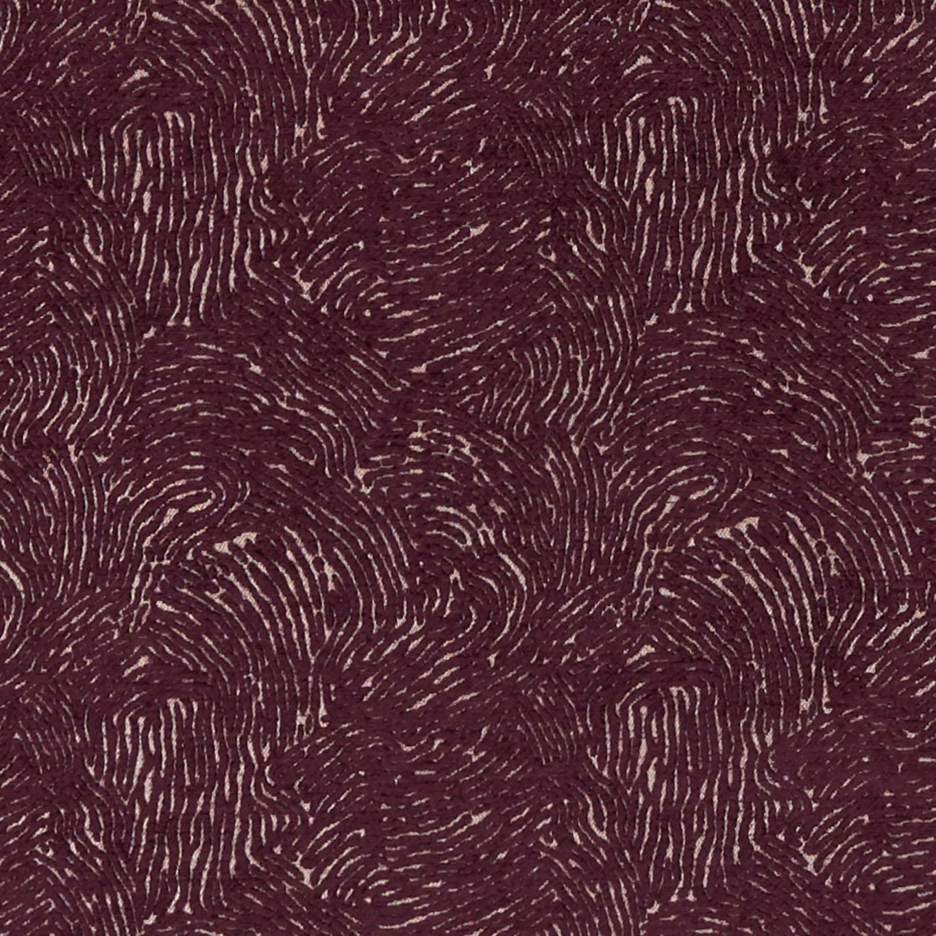 Deep damson fabric with cream swirling linear motifs and a richly textured woven surface