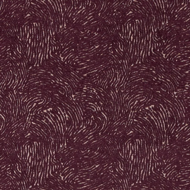 Deep damson fabric with cream swirling linear motifs and a richly textured woven surface