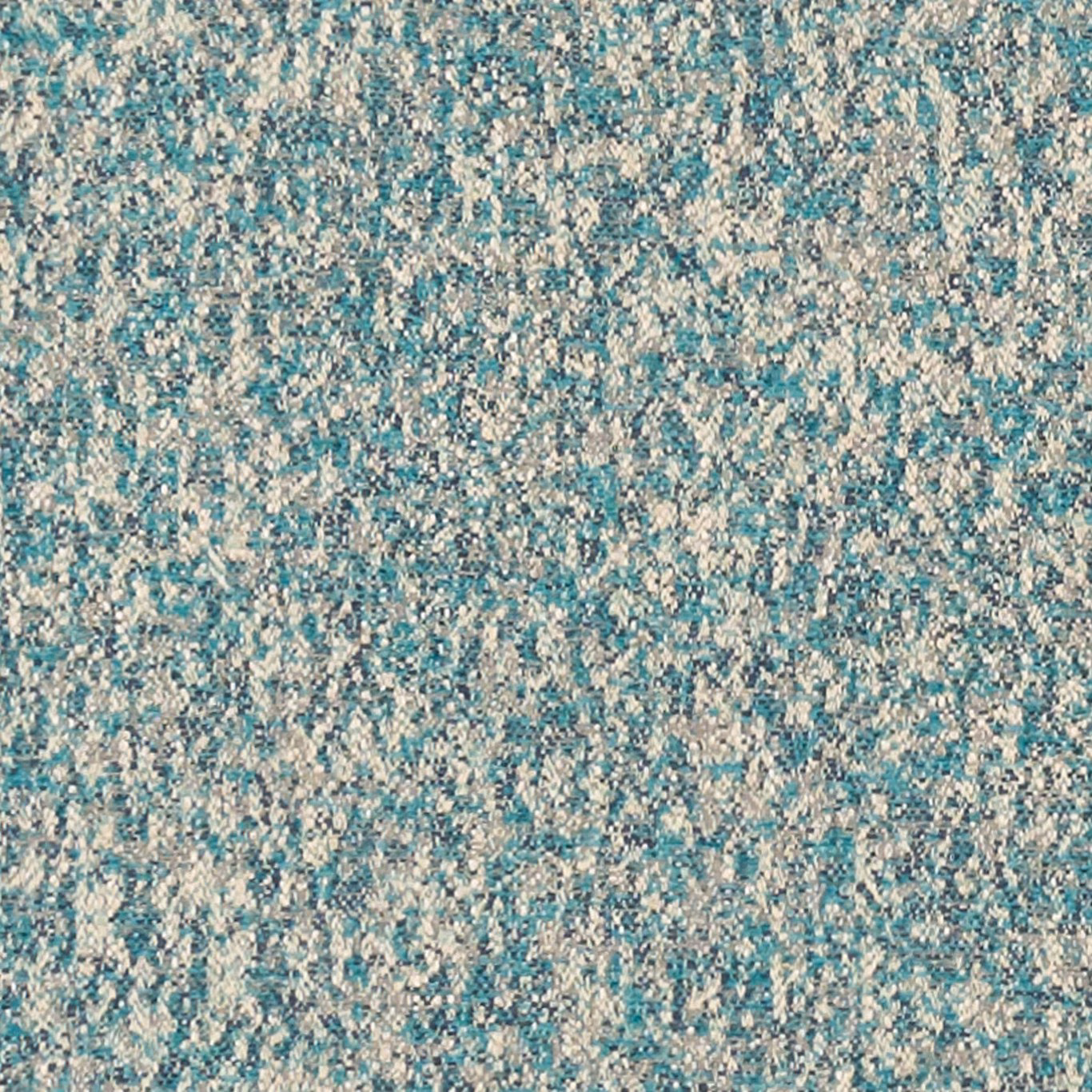 Close-up of cool teal woven upholstery with dense cream and blue-grey flecks