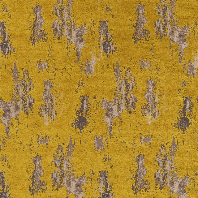Mustard-chartreuse textured fabric with broken grey-lilac abstract vertical motifs