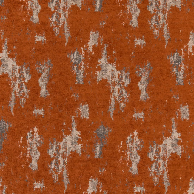 Burnt terracotta woven upholstery with chalk and grey distressed vertical motifs