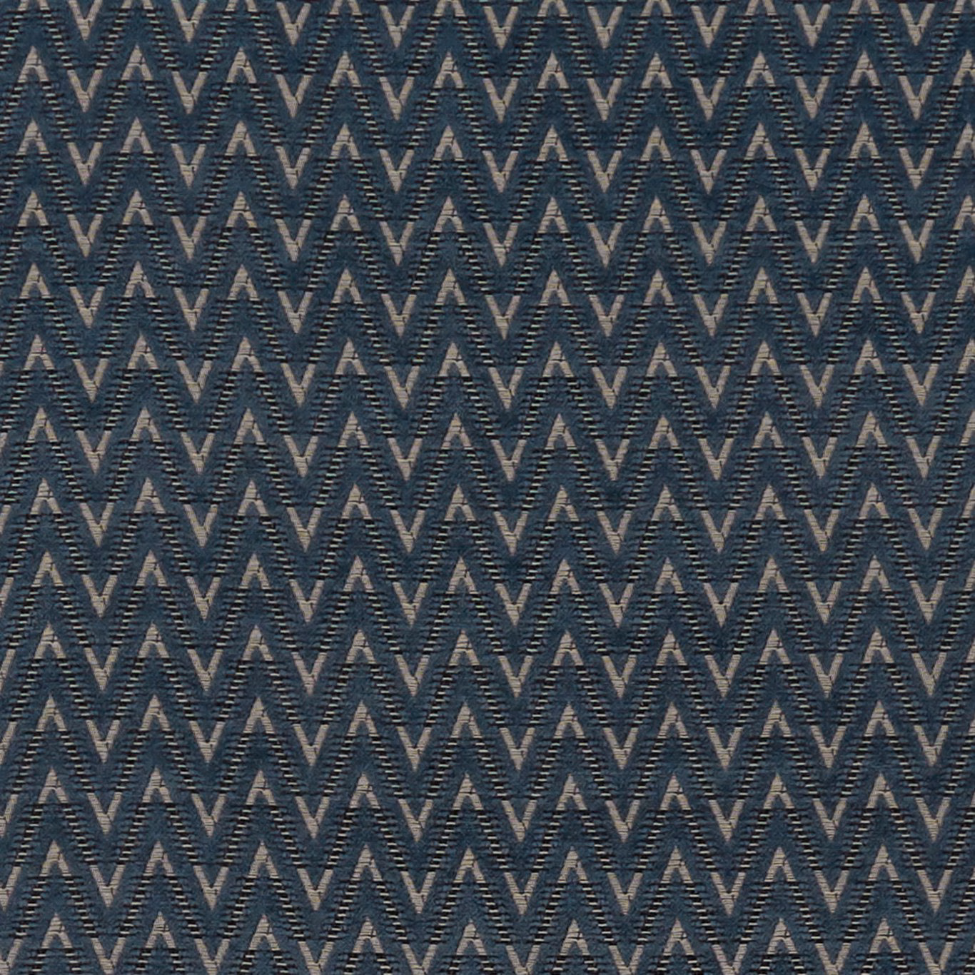 Muted denim-blue woven fabric with taupe chevron zigzags and fine ribbed texture