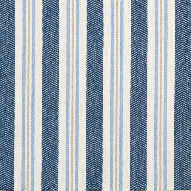 Muted denim-blue and ivory vertical stripes with fine herringbone woven texture