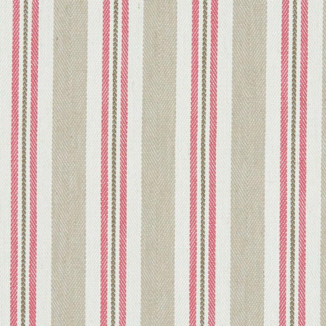 Muted raspberry and linen vertical stripes with fine herringbone texture in woven close-up