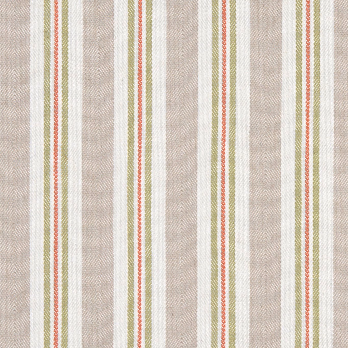 Warm spice-red and olive pinstripes over a softly textured linen-coloured ground