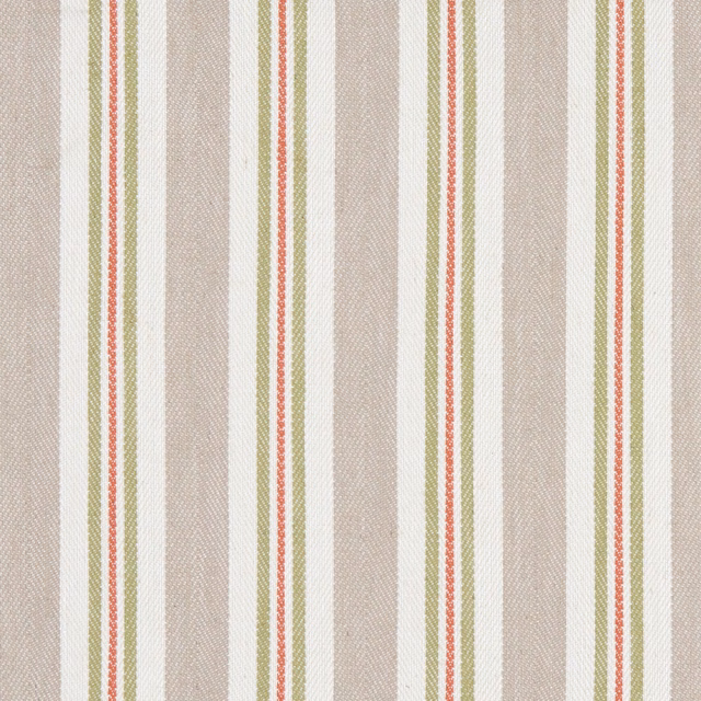 Warm spice-red and olive pinstripes over a softly textured linen-coloured ground