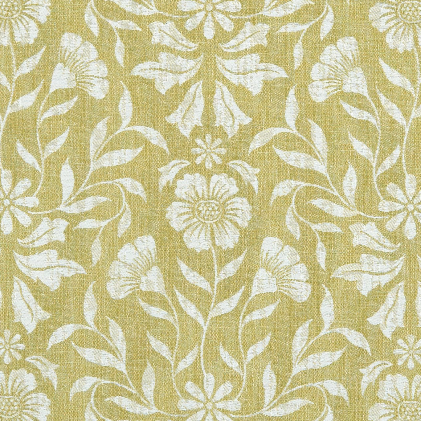 Citron yellow-green floral fabric with cream flowers, leaves and a fine woven texture