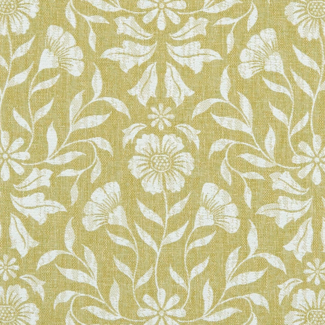 Citron yellow-green floral fabric with cream flowers, leaves and a fine woven texture
