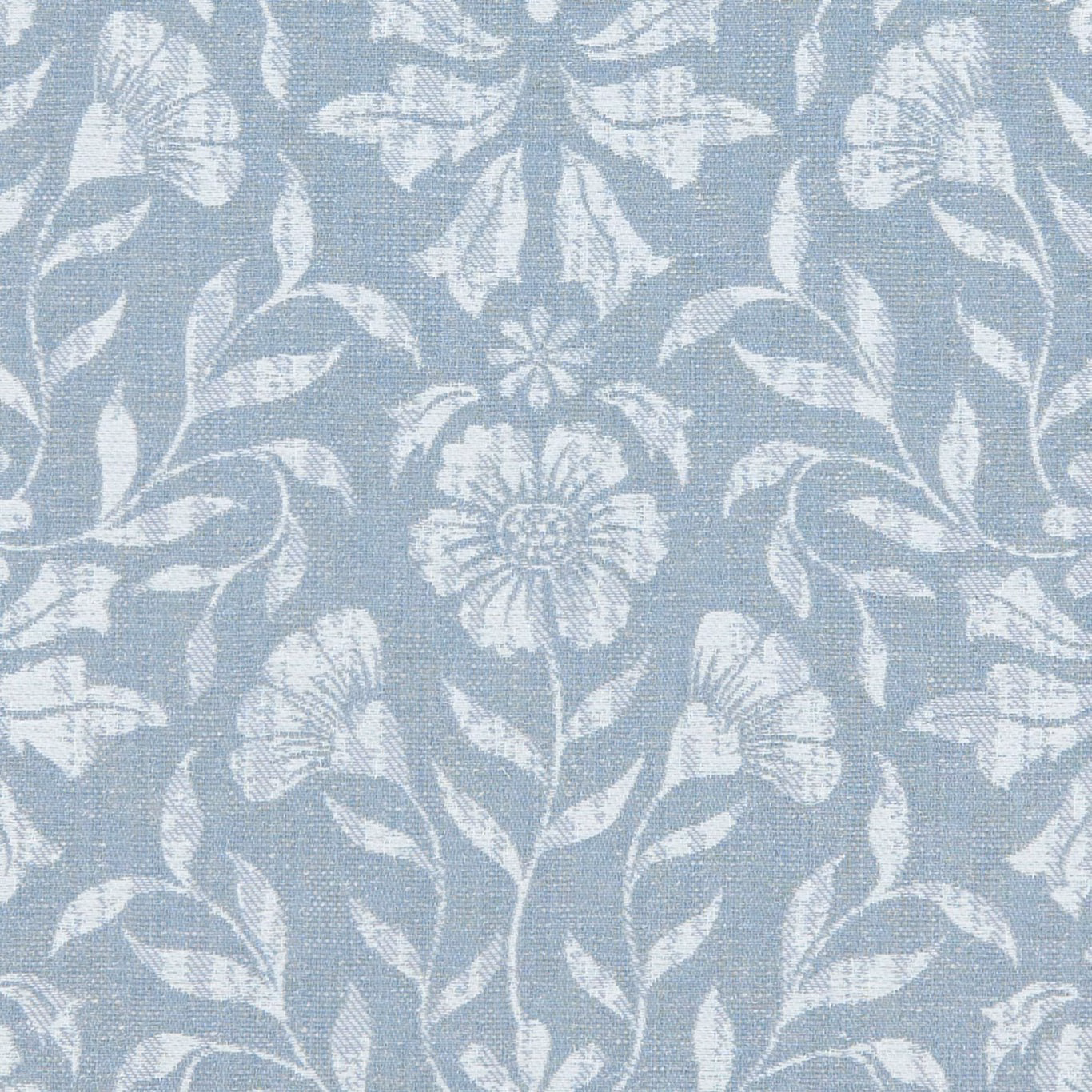Soft denim-blue woven ground with ivory trailing flowers, leaves and fine stems