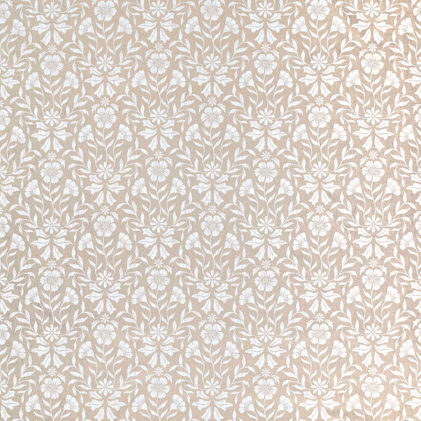 Soft taupe botanical fabric with ivory flowers and leafy stems in a woven repeat