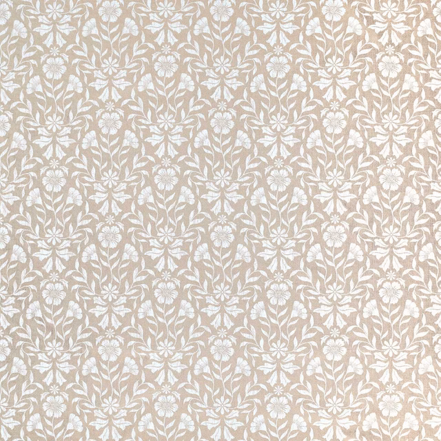 Soft taupe botanical fabric with ivory flowers and leafy stems in a woven repeat