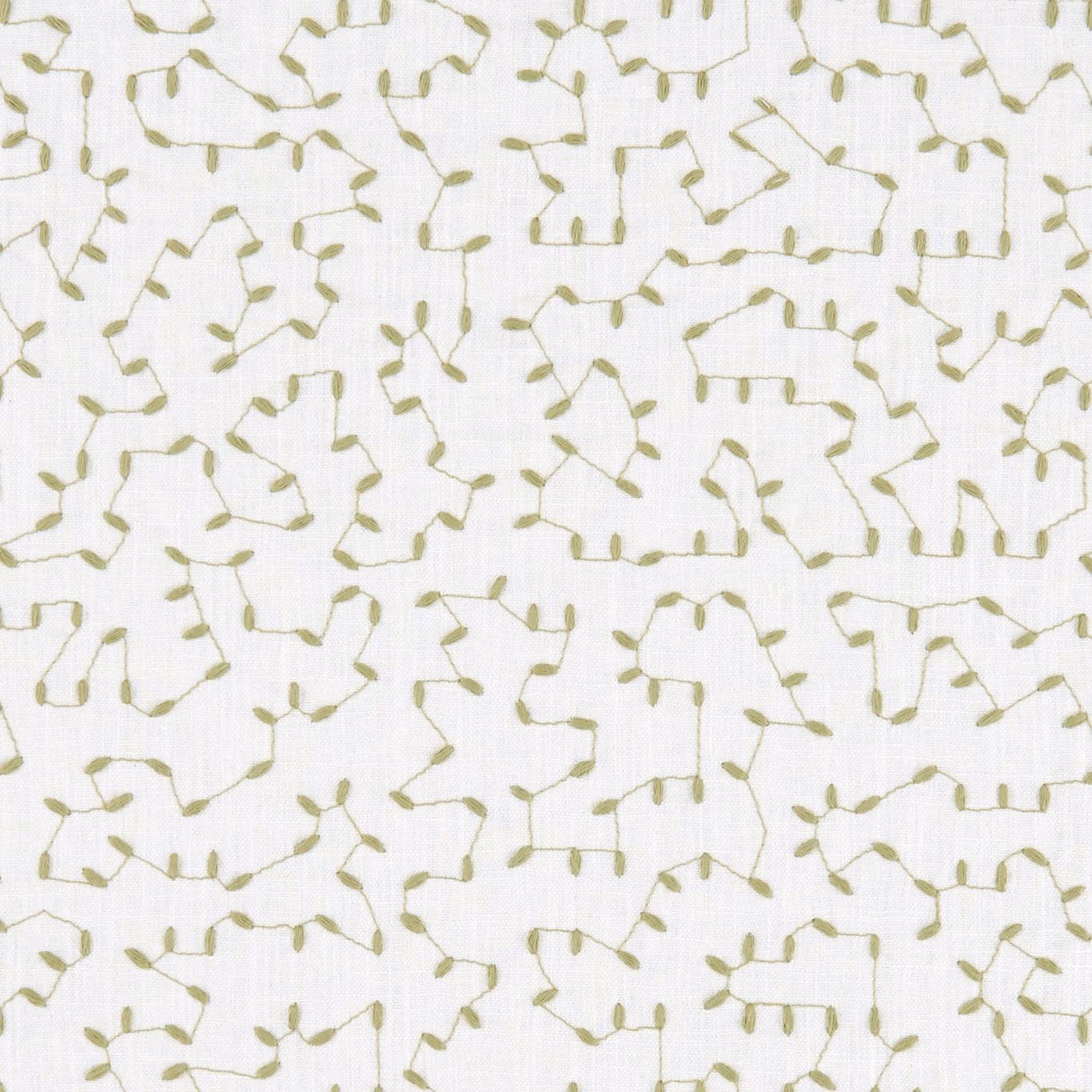 Cream woven ground with muted apple-green looping trails and tiny leaf-like marks