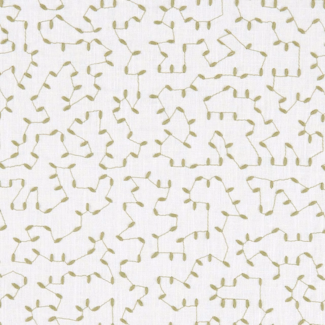 Cream woven ground with muted apple-green looping trails and tiny leaf-like marks