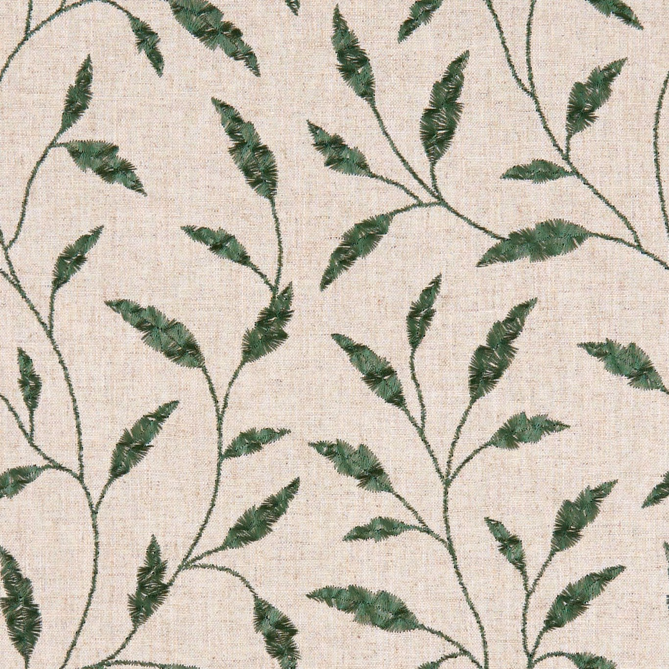 Fairford Jade botanical fabric with feathery jade leaves on a warm ivory ground