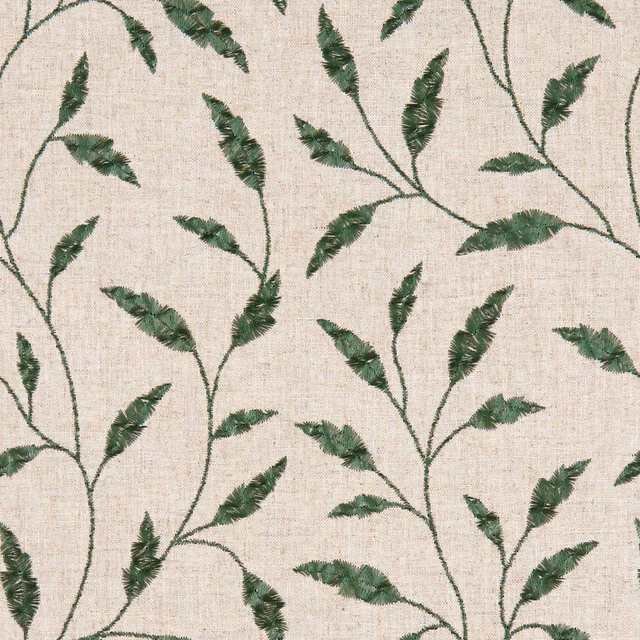 Fairford Jade botanical fabric with feathery jade leaves on a warm ivory ground