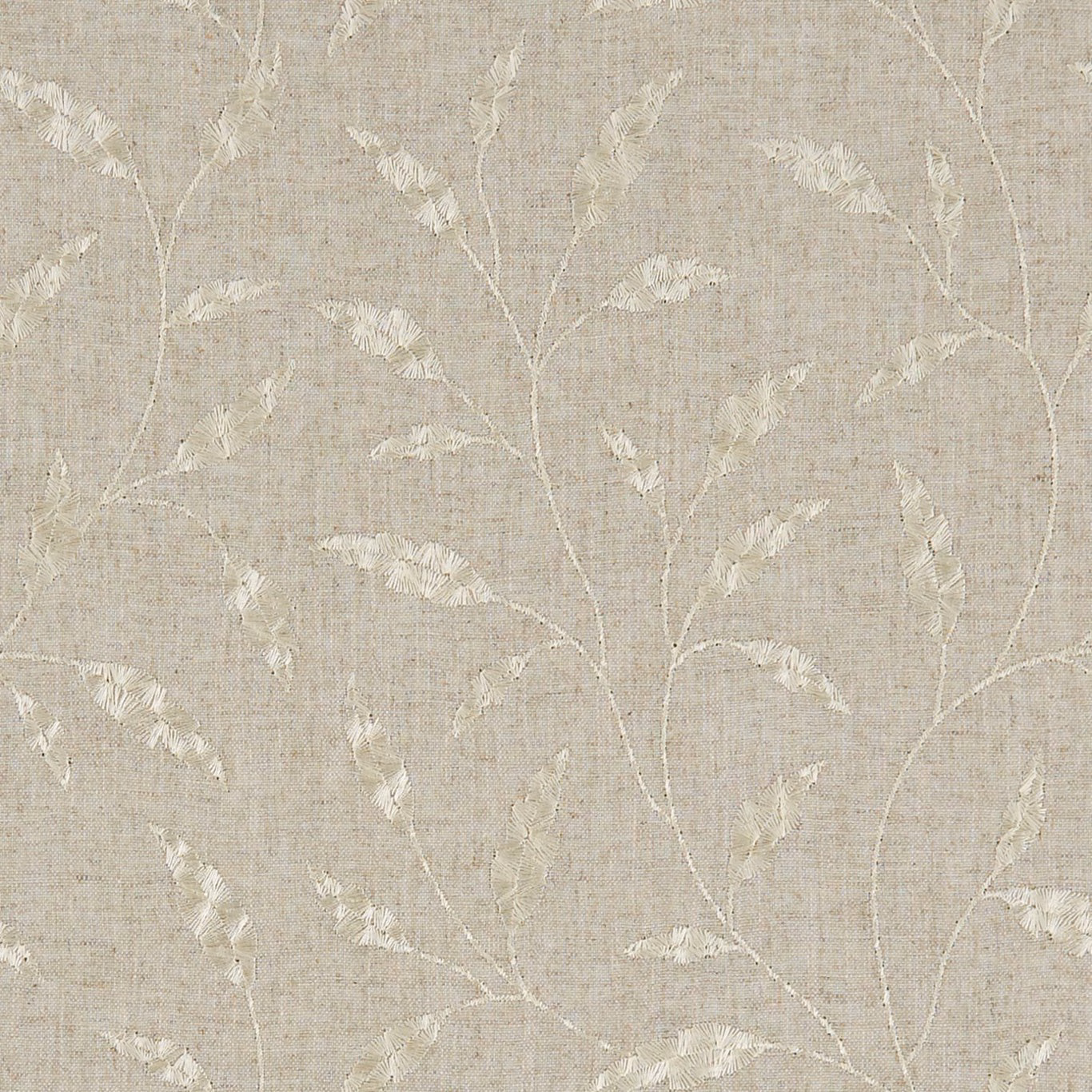 Warm greige woven fabric with ivory branching stems and feathery leaves