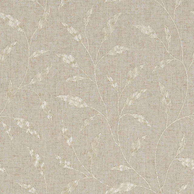 Warm greige woven fabric with ivory branching stems and feathery leaves