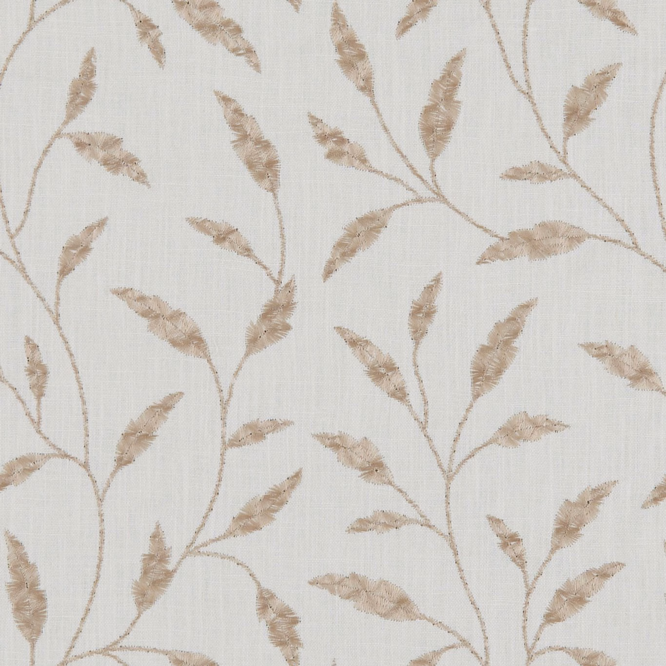 Warm ivory fabric with taupe feathered branches and a visible fine woven grain