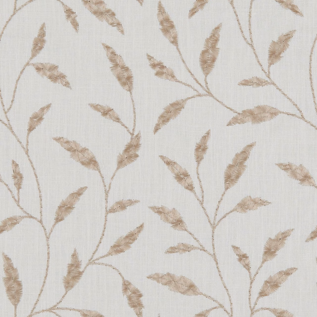 Warm ivory fabric with taupe feathered branches and a visible fine woven grain