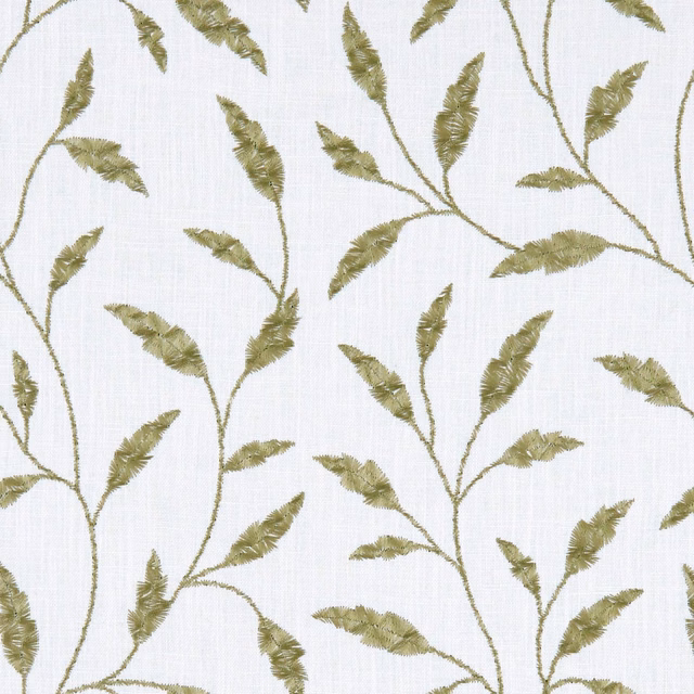 Muted olive leafy stems over a softly textured ivory woven ground