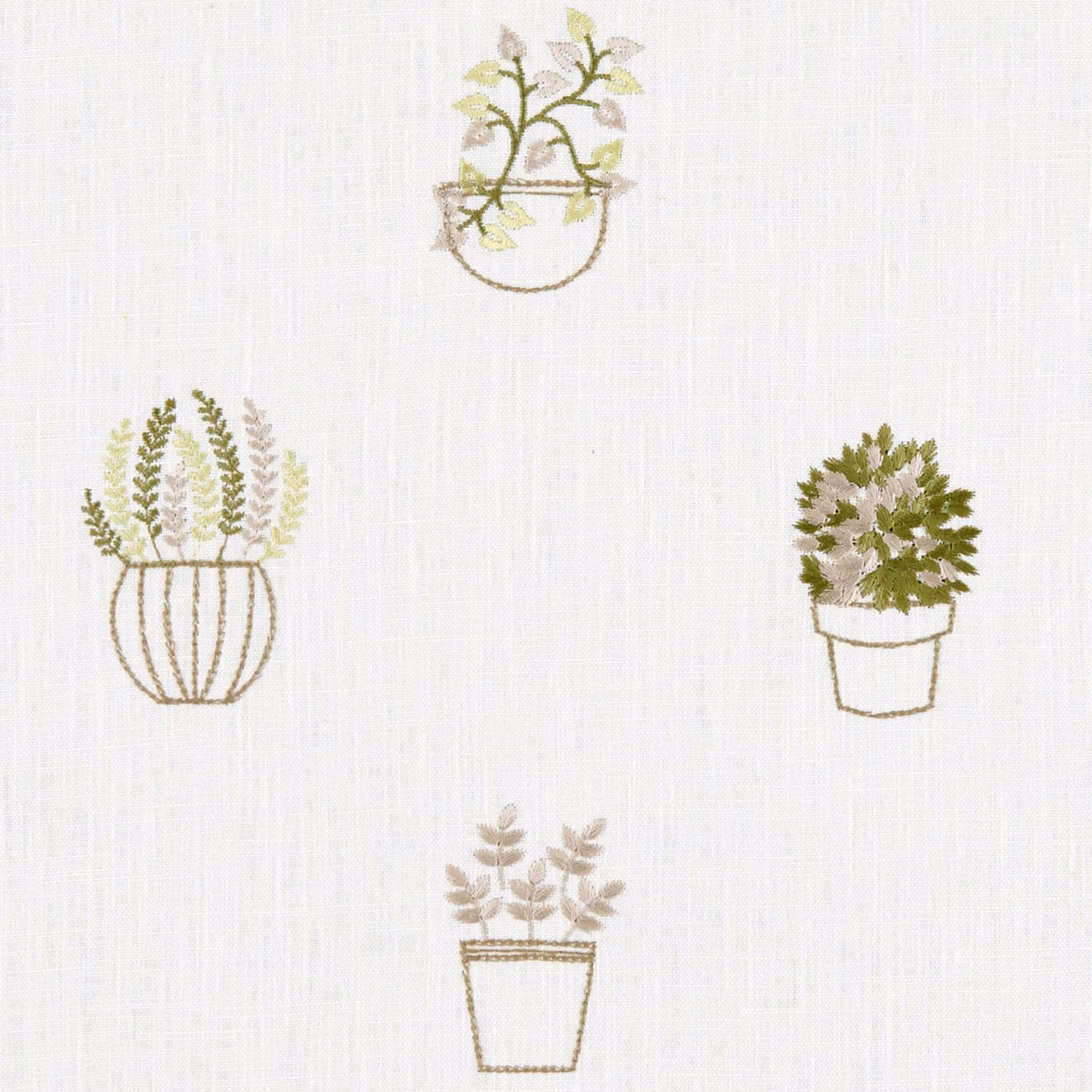 Ivory textile with apple-green embroidered potted plants and fine vertical weave