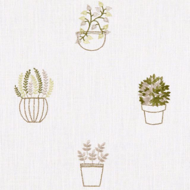 Ivory textile with apple-green embroidered potted plants and fine vertical weave