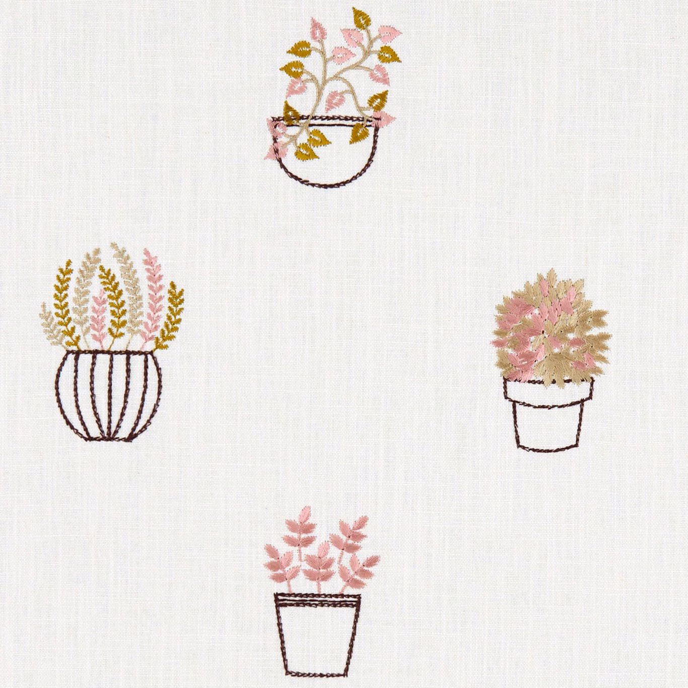 Cream embroidered fabric with pink, mustard and taupe potted botanical motifs