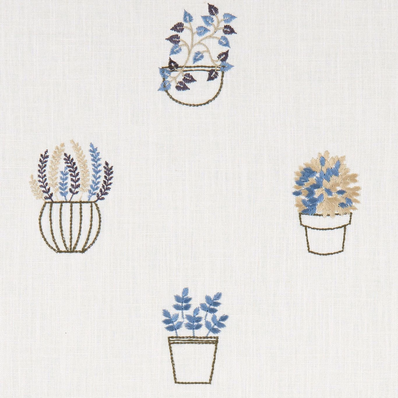 Pale ivory ground with denim-blue potted botanicals and fine taupe outlines
