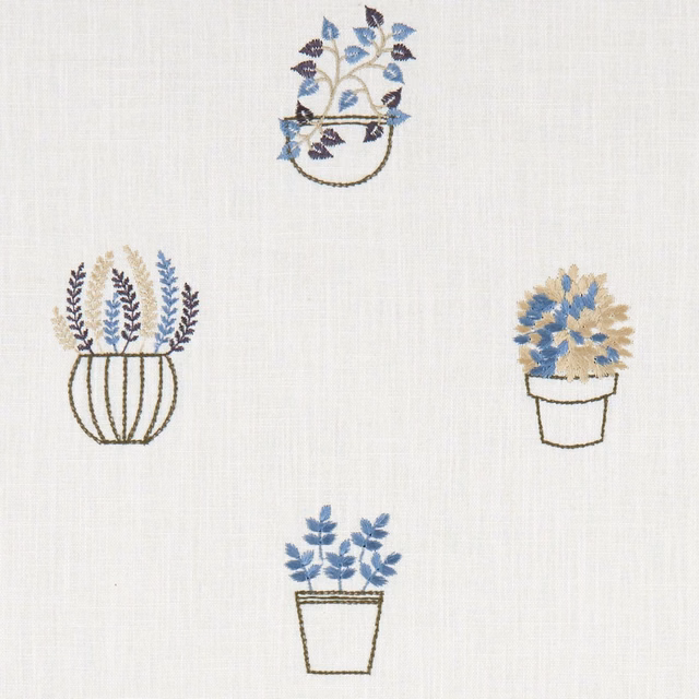 Pale ivory ground with denim-blue potted botanicals and fine taupe outlines