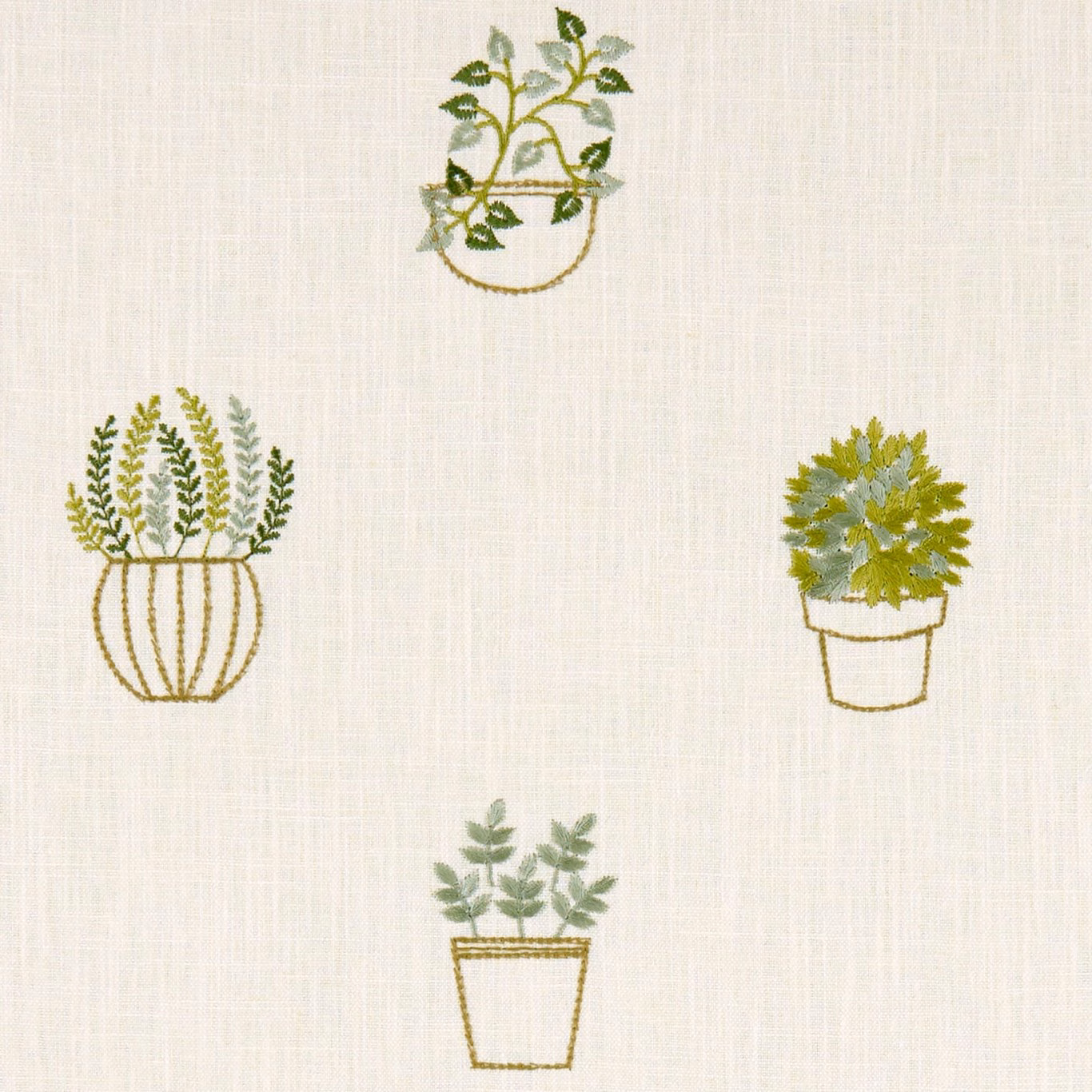 Pale duckegg fabric with embroidered green potted plants and fine ochre outlines