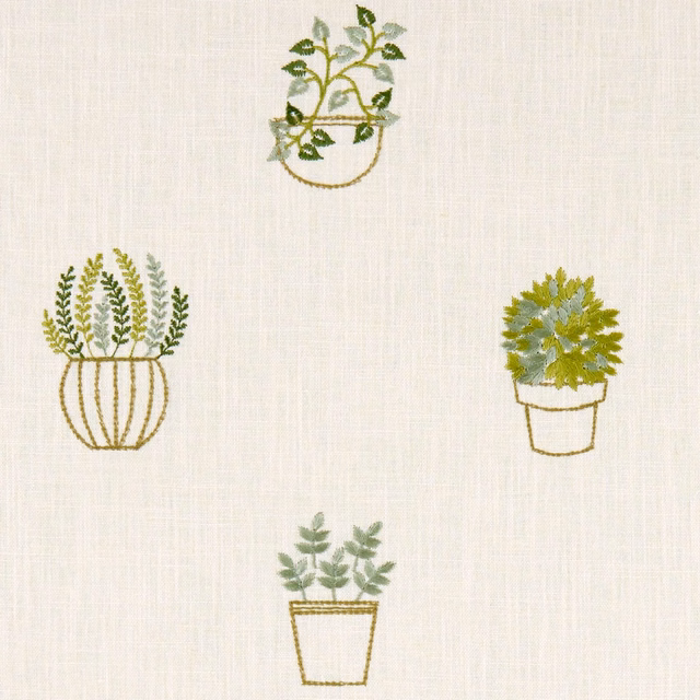 Pale duckegg fabric with embroidered green potted plants and fine ochre outlines