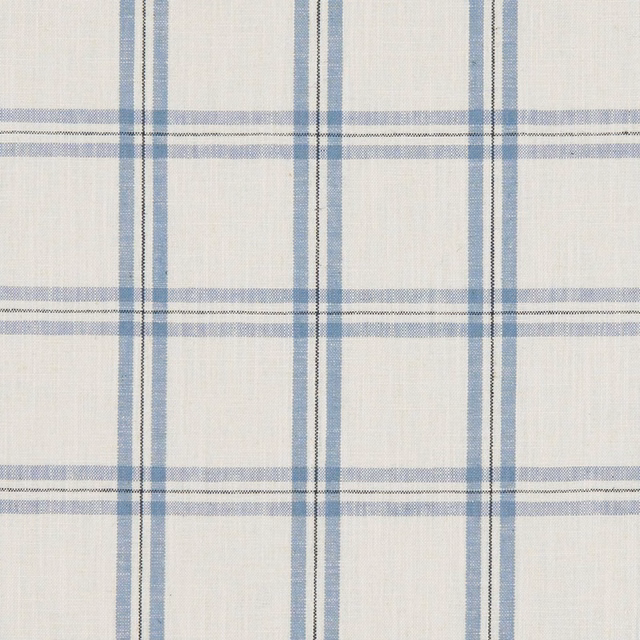 Cream woven fabric with muted denim-blue windowpane check and fine cross-lines