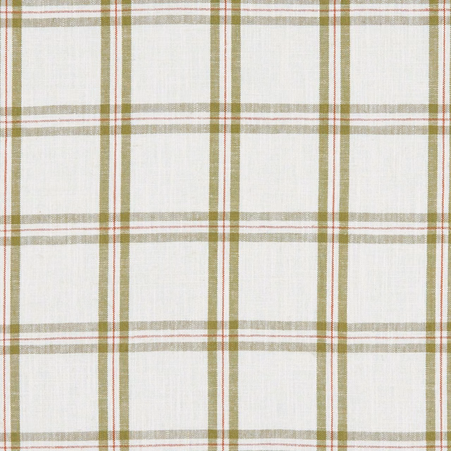 Ivory woven plaid with muted olive bands and fine red intersecting lines