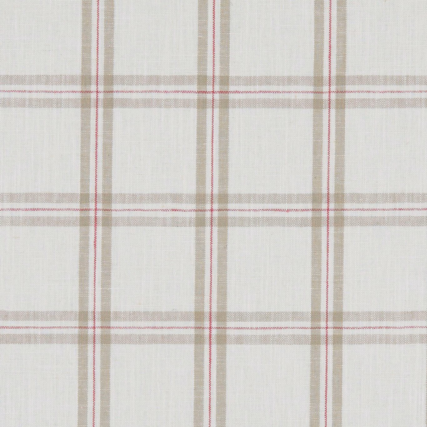 Raspberry and taupe windowpane check on a softly textured ivory ground