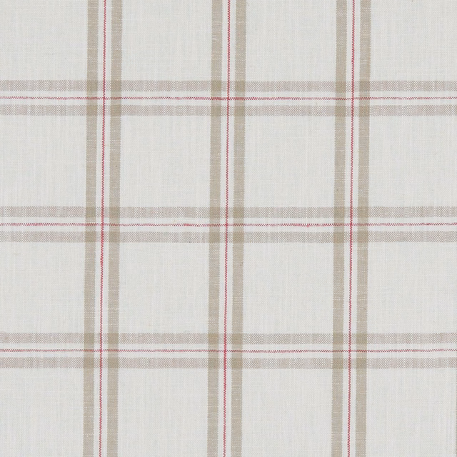 Raspberry and taupe windowpane check on a softly textured ivory ground