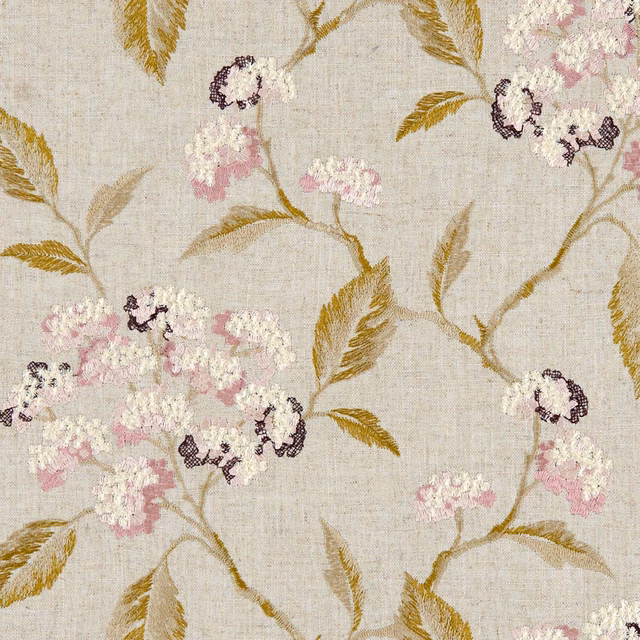Taupe woven floral with blush blossom sprays, ochre leaves and damson outlines