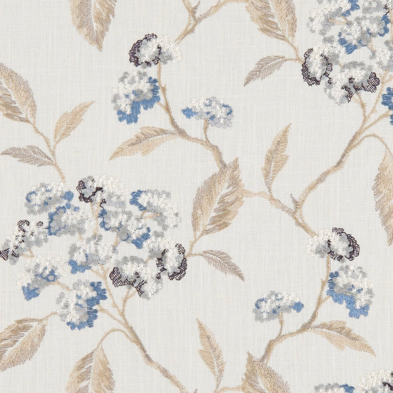 Pale denim-blue floral clusters with taupe branches on a finely textured light ground
