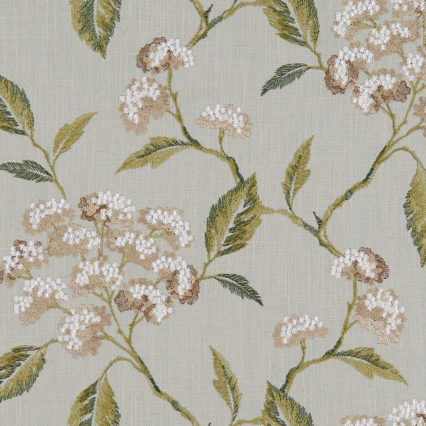 Muted duckegg woven ground with olive branches and white-blush floral clusters