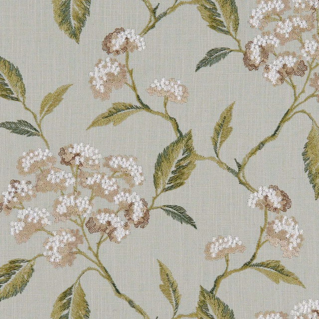 Muted duckegg woven ground with olive branches and white-blush floral clusters