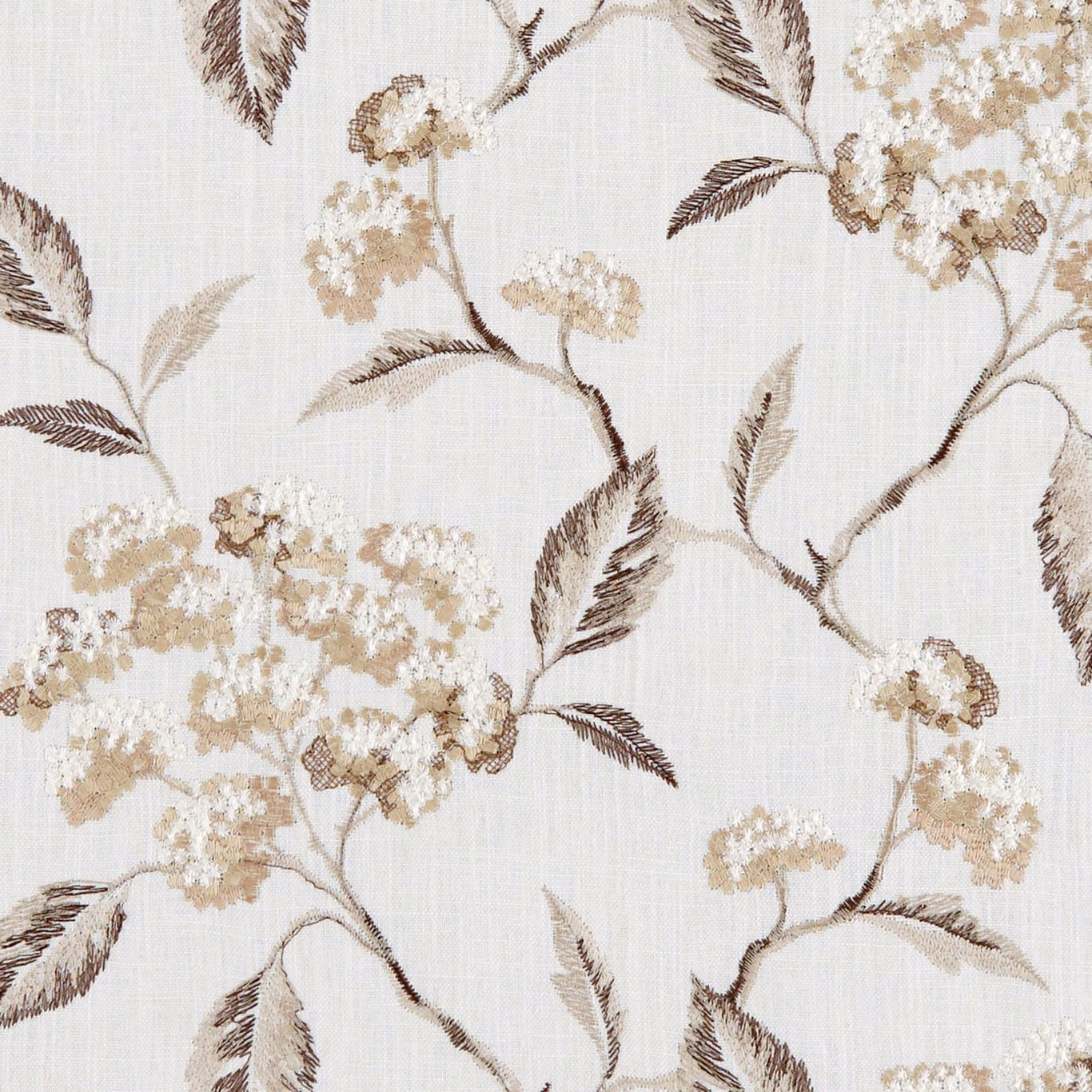 Warm ivory floral fabric with taupe branches, feathery leaves and clustered beige blossoms