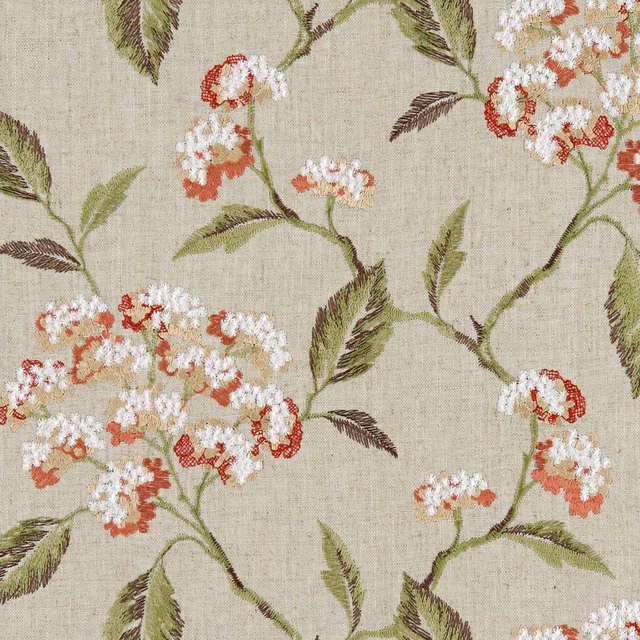 Warm oatmeal botanical weave with white, coral and red flowers on branching green stems