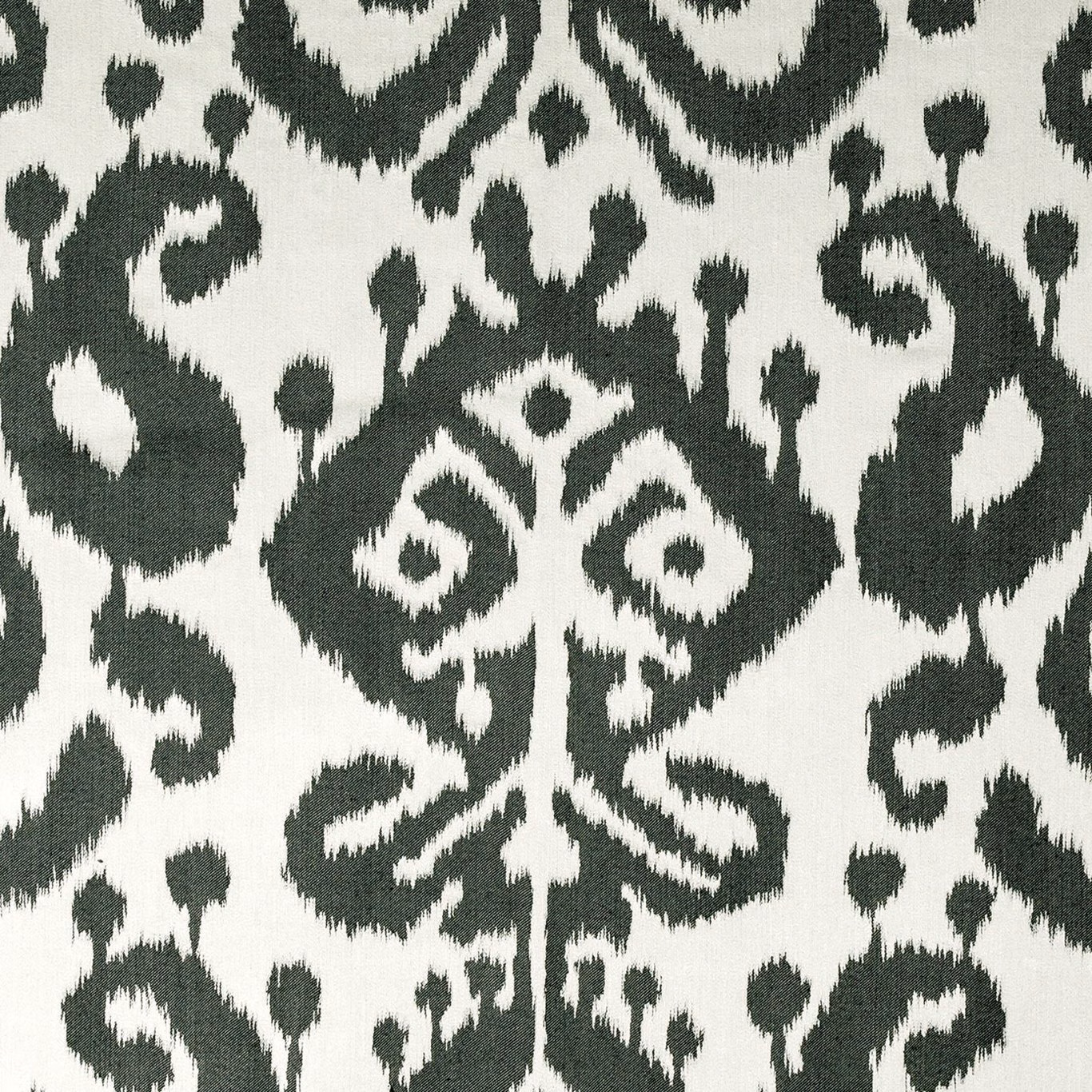Charcoal-black and ivory woven damask with symmetrical scroll and floral motifs