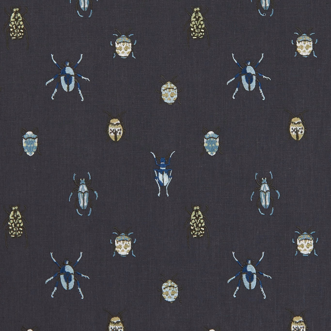 Dark mineral beetle fabric with blue, cream and olive insect motifs on a fine weave