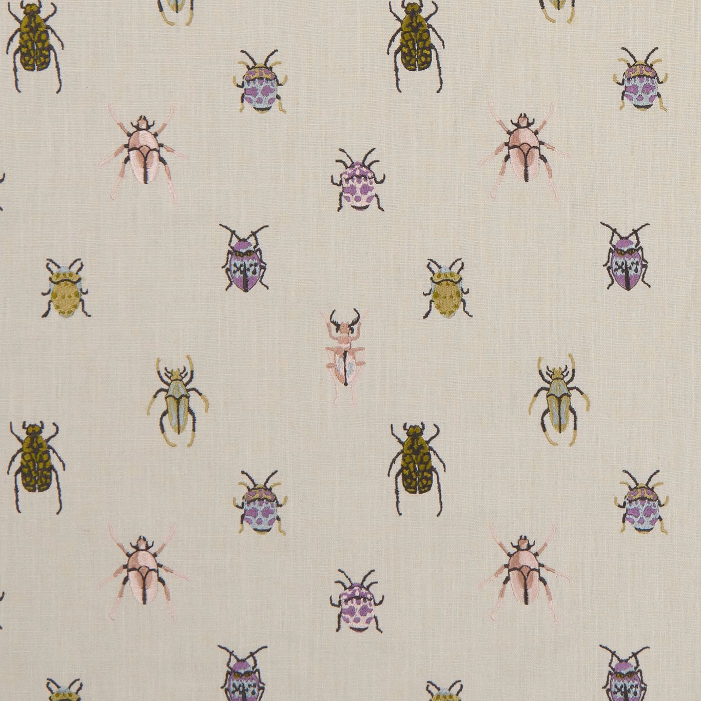 Cream woven fabric with scattered olive, pink and purple beetle motifs