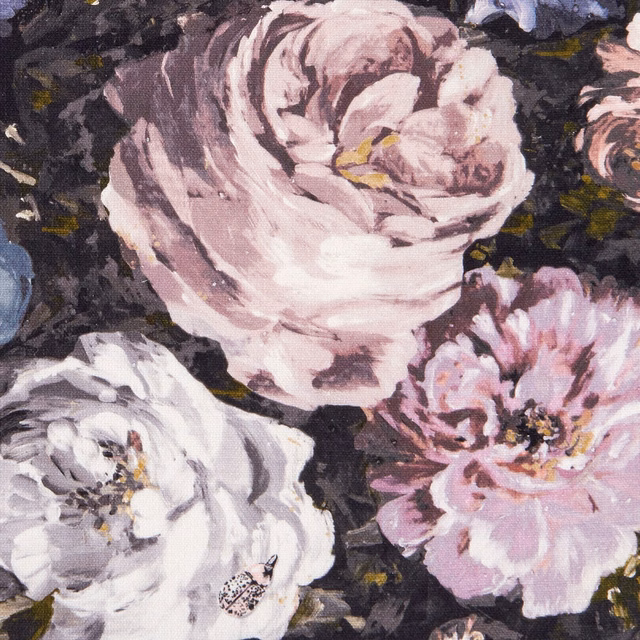 Painterly blush peony, white bloom and pink flower against charcoal ground