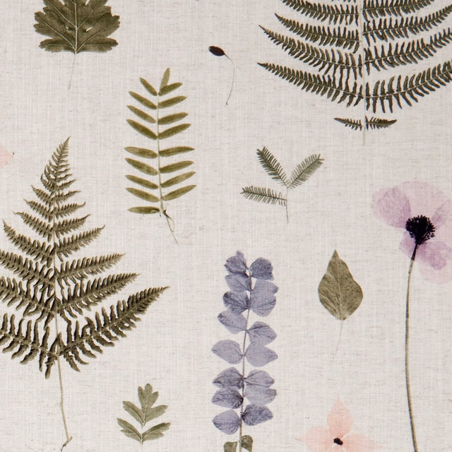 Natural botanical fabric with olive ferns, lilac leaves and blush flowers